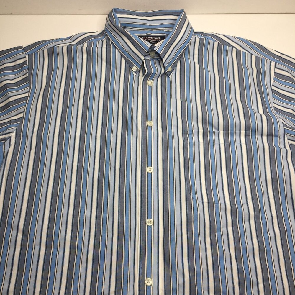 Mens Roundtree & Yorke Classics Blue Gray Striped Button Down Shirt Size XL